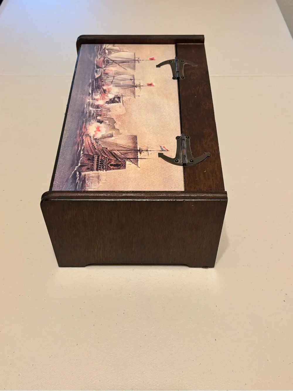 Vintage Wooden Jewelry Box with Nautical Sailing Ship Battle Scene Print on lid